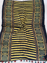 Load image into Gallery viewer, Ajrakh Modal Silk Striped Yellow Green