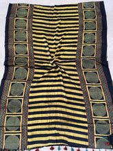 Load image into Gallery viewer, Ajrakh Modal Silk Striped Yellow Green