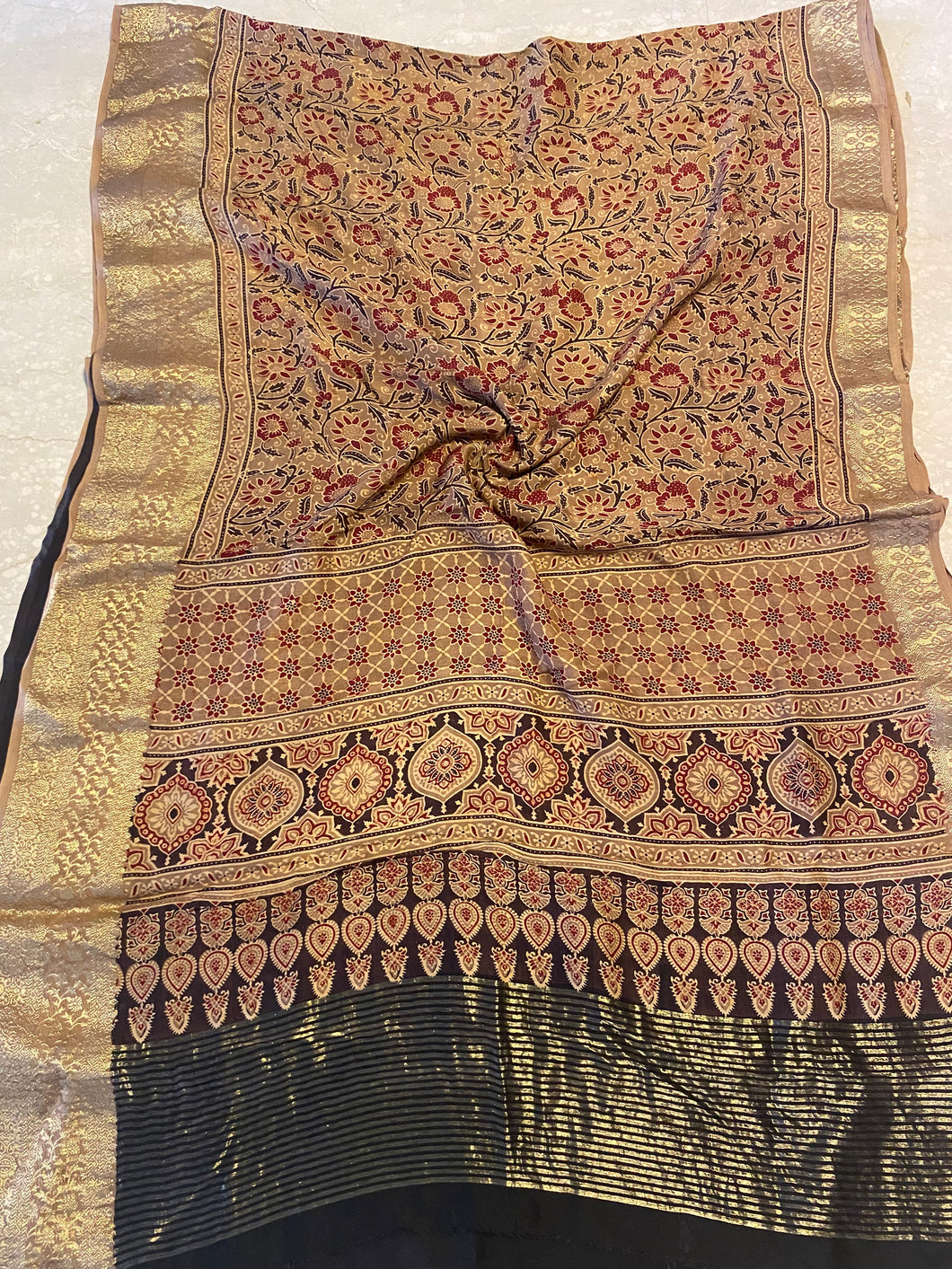 Ajrakh Dola Silk Zari - Beige