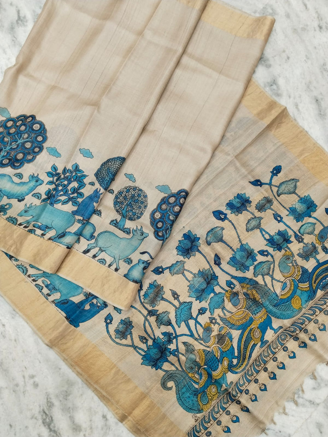 Tussar Silk Pen Kalamkari - Off White & Blue
