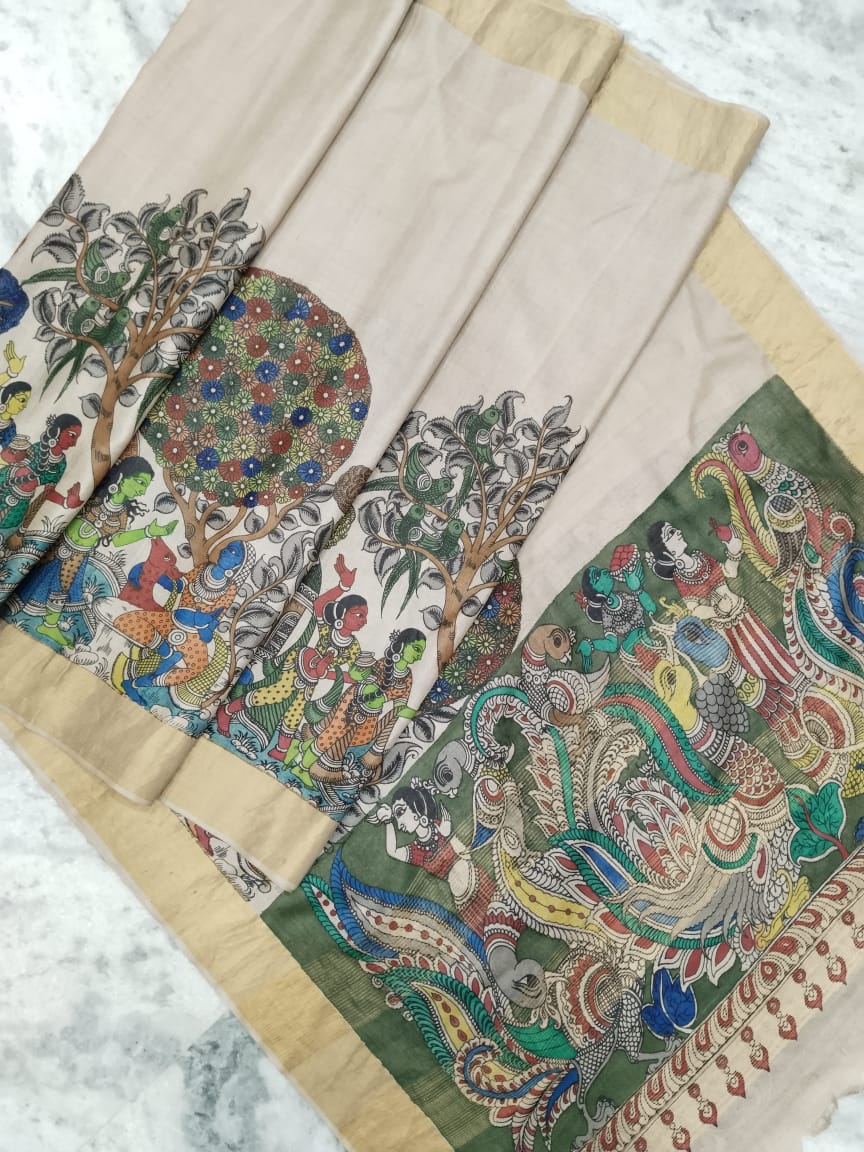 Tussar Silk Pen Kalamkari - Off White Barat