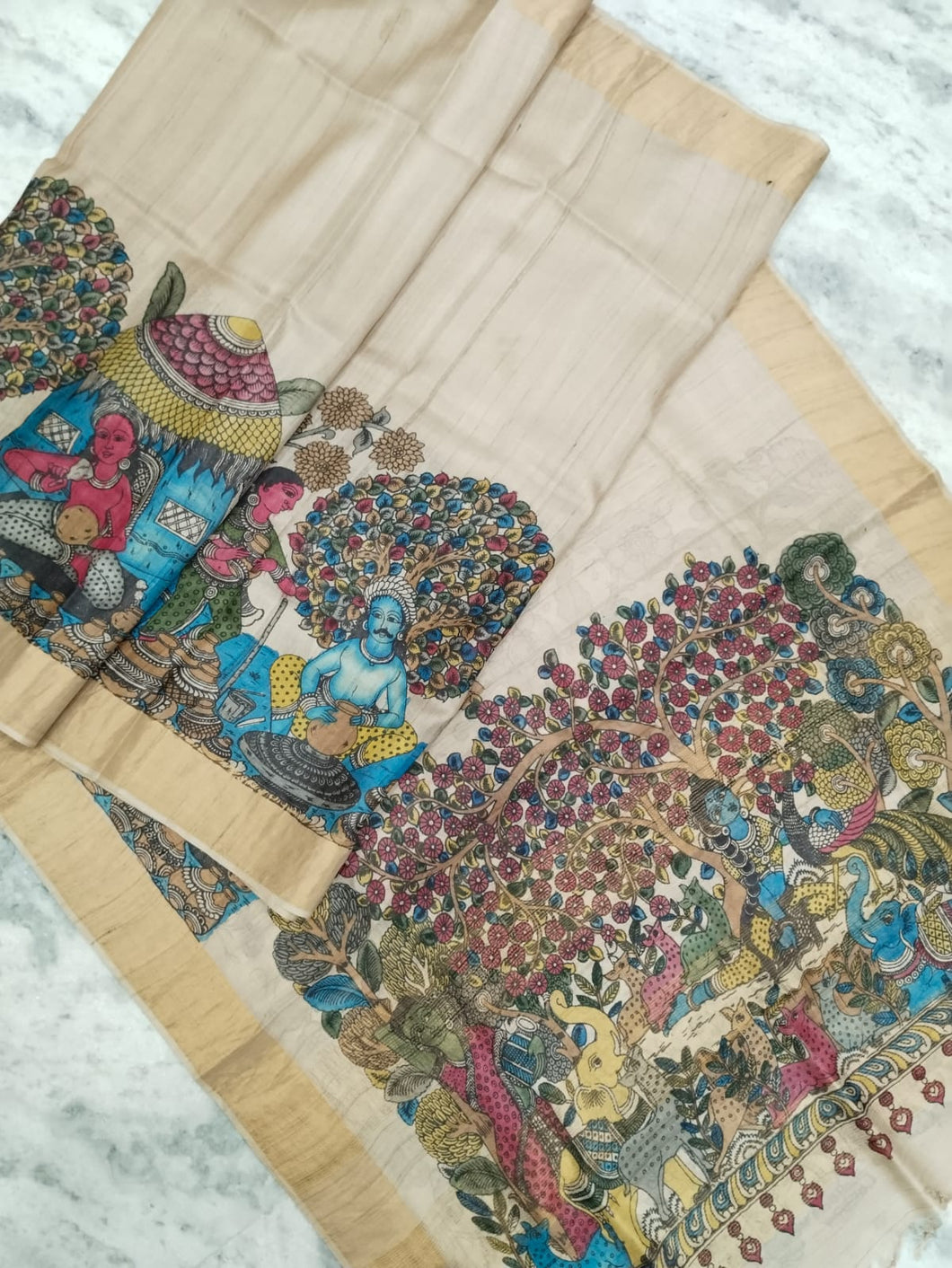 Tussar Silk Pen Kalamkari - Off White Karigiri