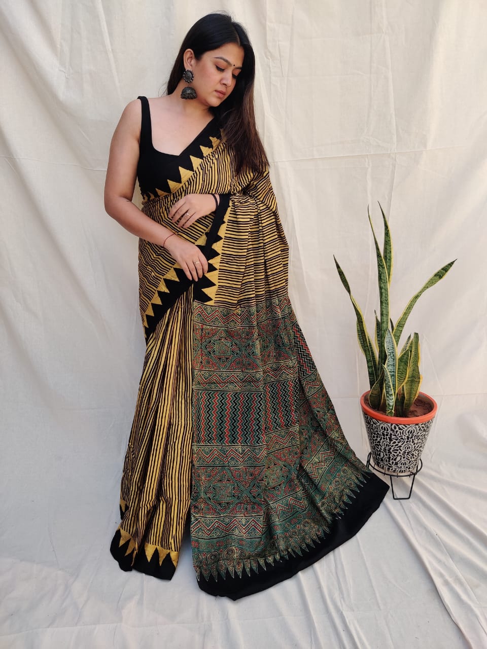 Ajrakh Modal Silk Striped Yellow