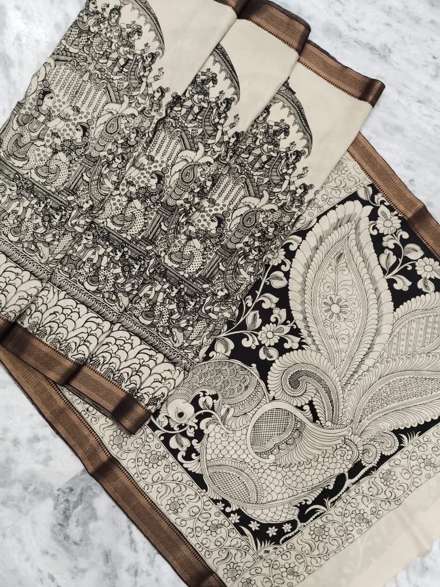 Bangalore Silk Pen Kalamkari - Off white & Black