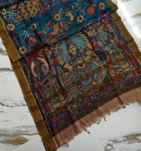 Load image into Gallery viewer, Tussar Silk Pen Kalamkari - Floral Saraswati
