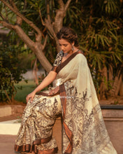 Load image into Gallery viewer, Bangalore Silk Pen Kalamkari - Off white &amp; Black
