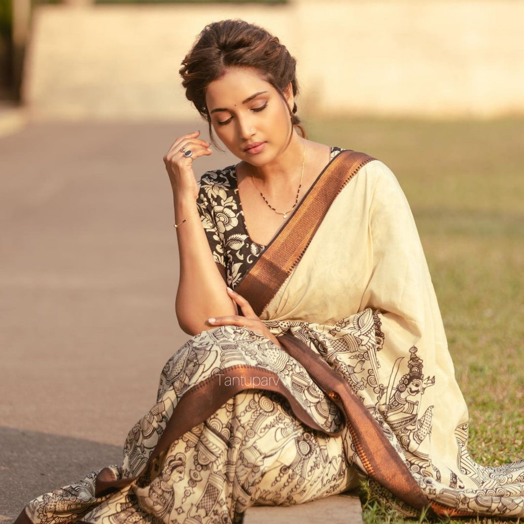 Bangalore Silk Pen Kalamkari - Off white & Black