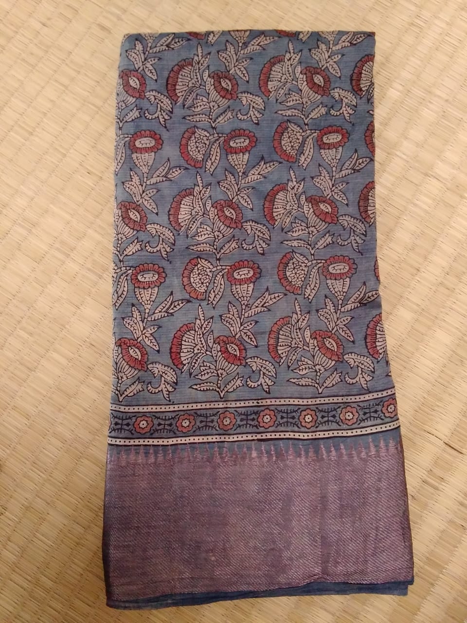 Temple Border Blue - Ajrakh Hand Block Printed Mangalgiri Pure Silk Cotton Saree
