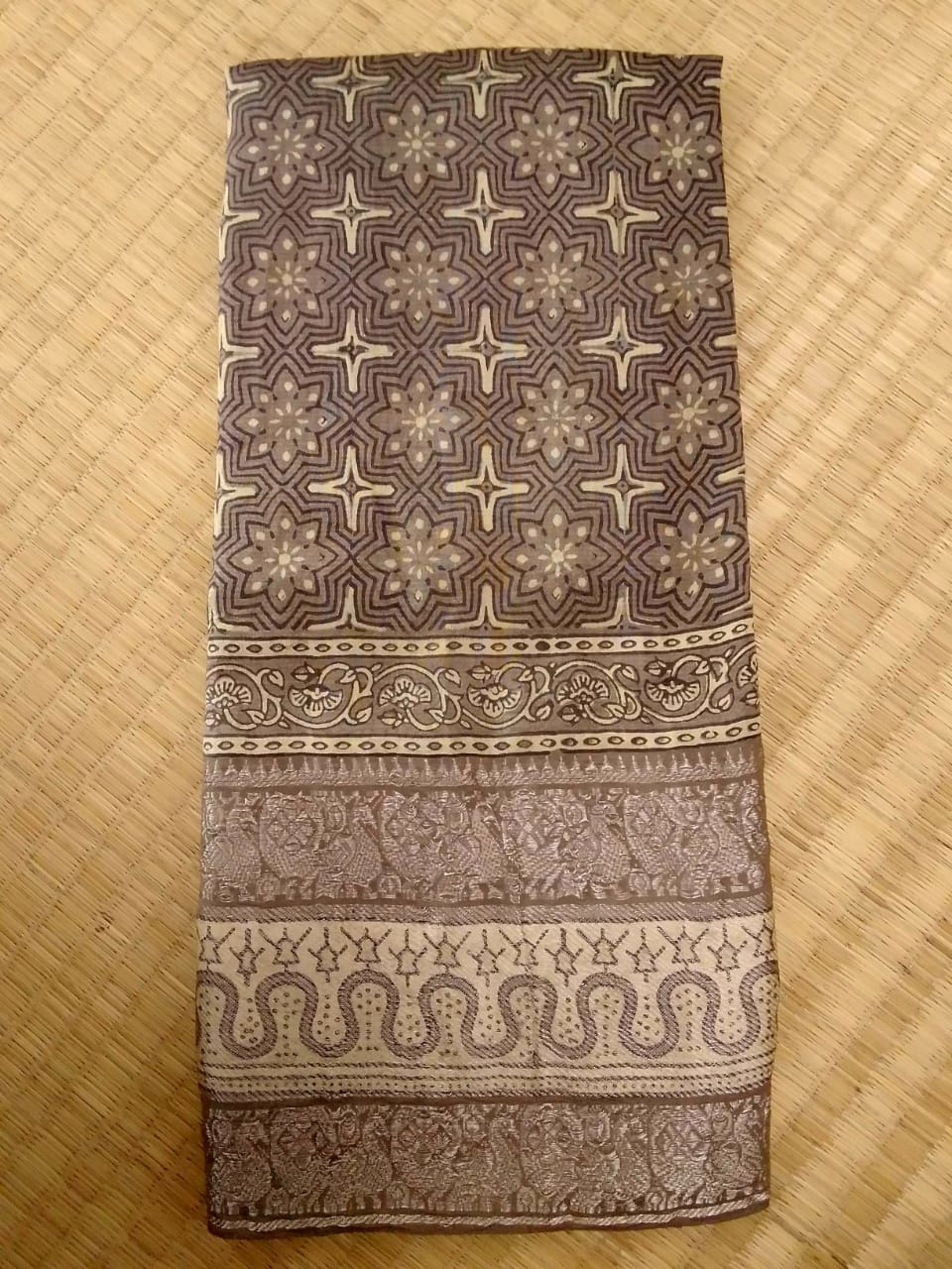 Kanchi Border Grey - Ajrakh Hand Block Printed Mangalgiri Pure Silk Cotton Saree
