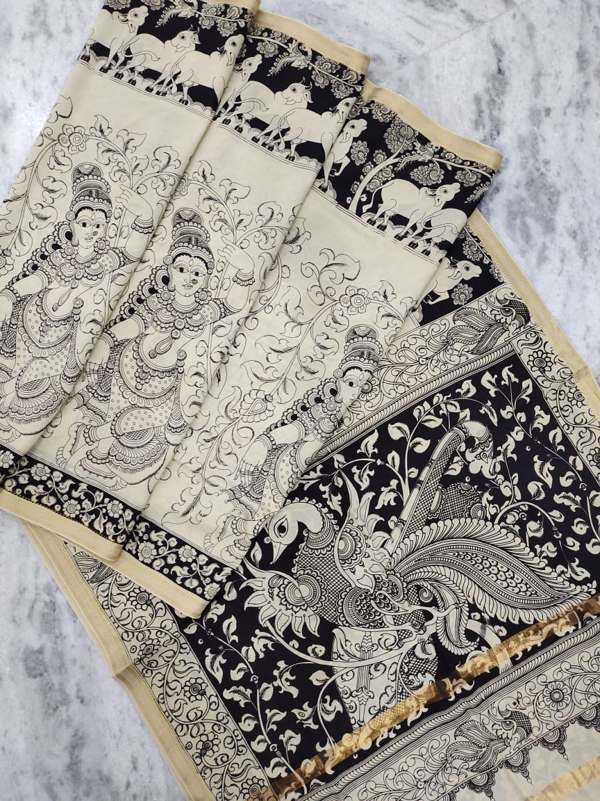 Bangalore Silk Pen Kalamkari - Off white & Black
