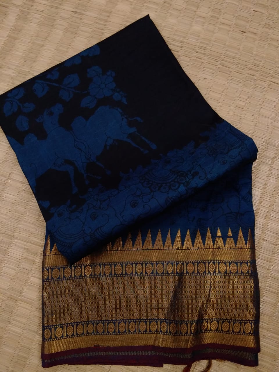 Pure Silk Pen Kalamkari -  Black & Blue
